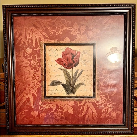 Framed Burgandy Tulip Art Print Brown Engraved Frame Artist is Elizabeth Brownd - Picture 7 of 11